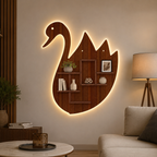 Designer Swan Shape Backlit Wooden LED Light Wall Shelf with Walnut Finish