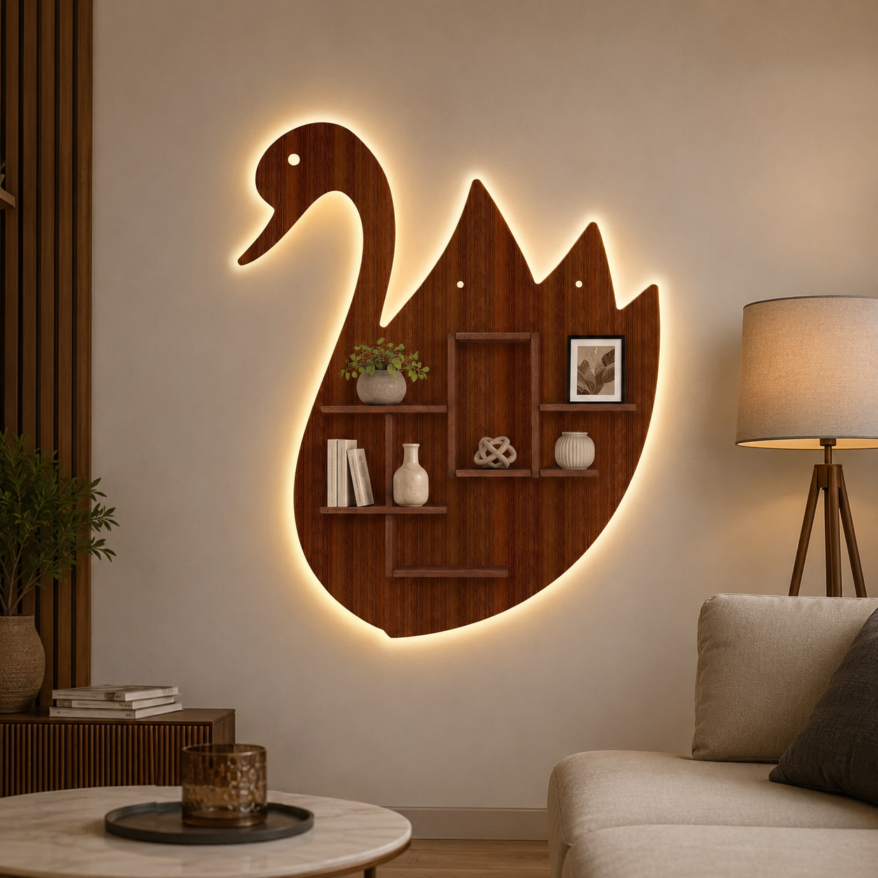 Designer Swan Shape Backlit Wooden LED Light Wall Shelf with Walnut Finish
