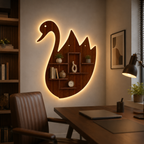 Designer Swan Shape Backlit Wooden LED Light Wall Shelf with Walnut Finish