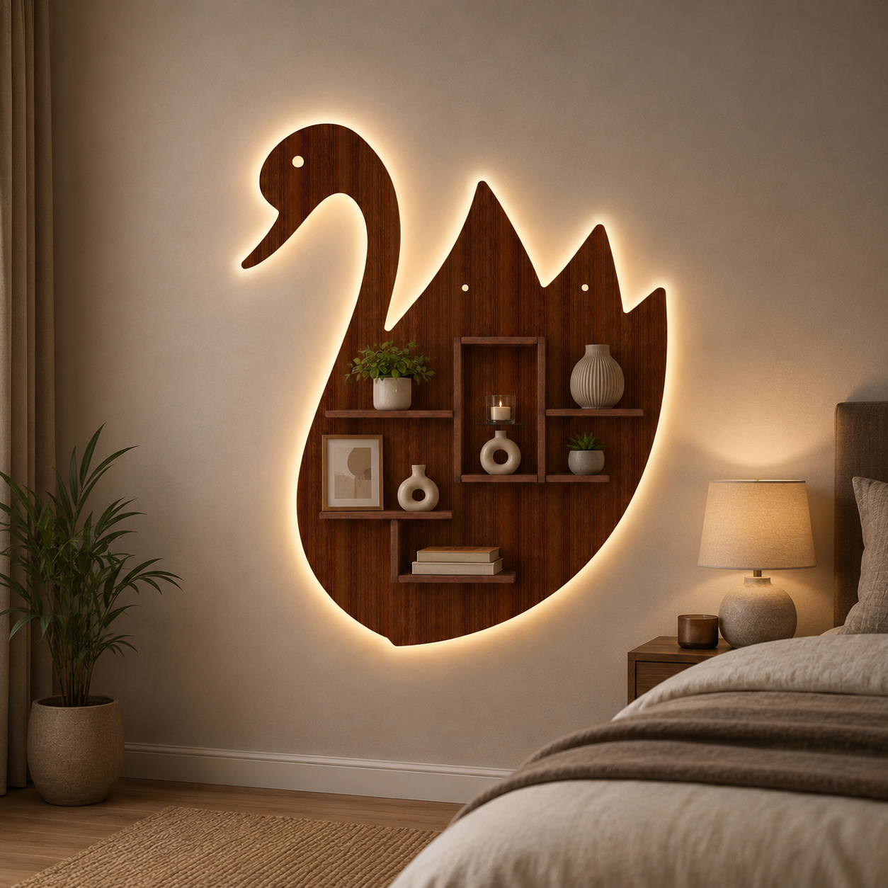 Designer Swan Shape Backlit Wooden LED Light Wall Shelf with Walnut Finish