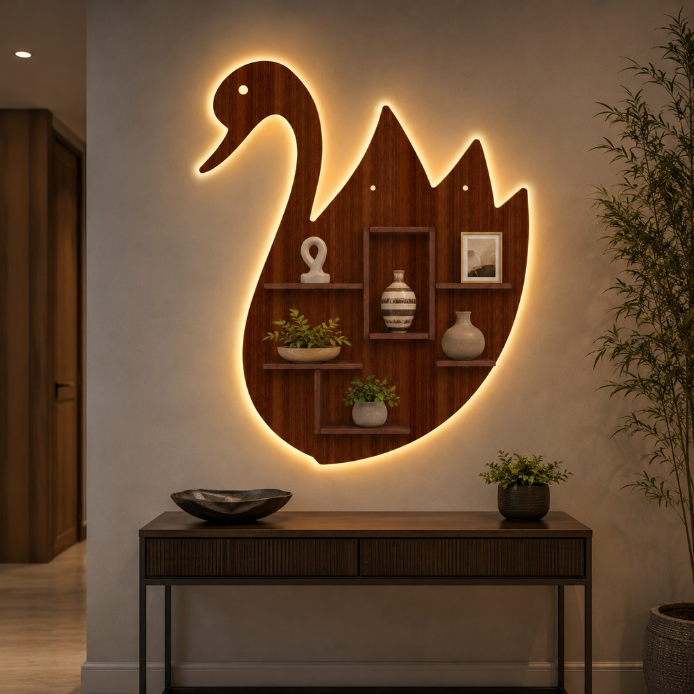 Designer Swan Shape Backlit Wooden LED Light Wall Shelf with Walnut Finish