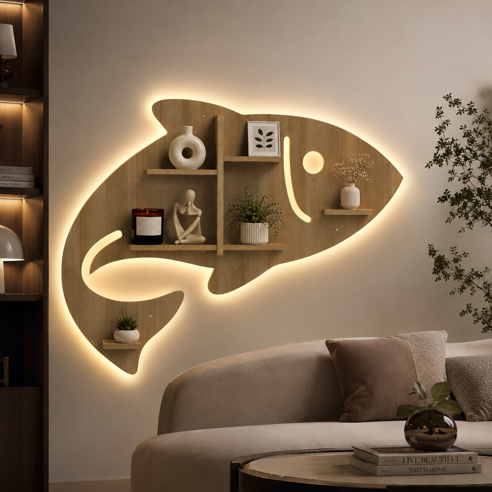 Fish Shape Wooden Wall Shelf LED Light Wall Shelf with Oak Finish