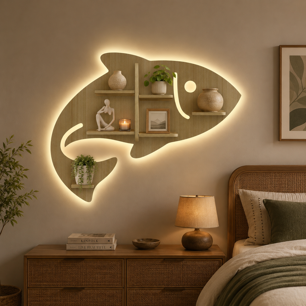 Fish Shape Wooden Wall Shelf LED Light Wall Shelf with Oak Finish