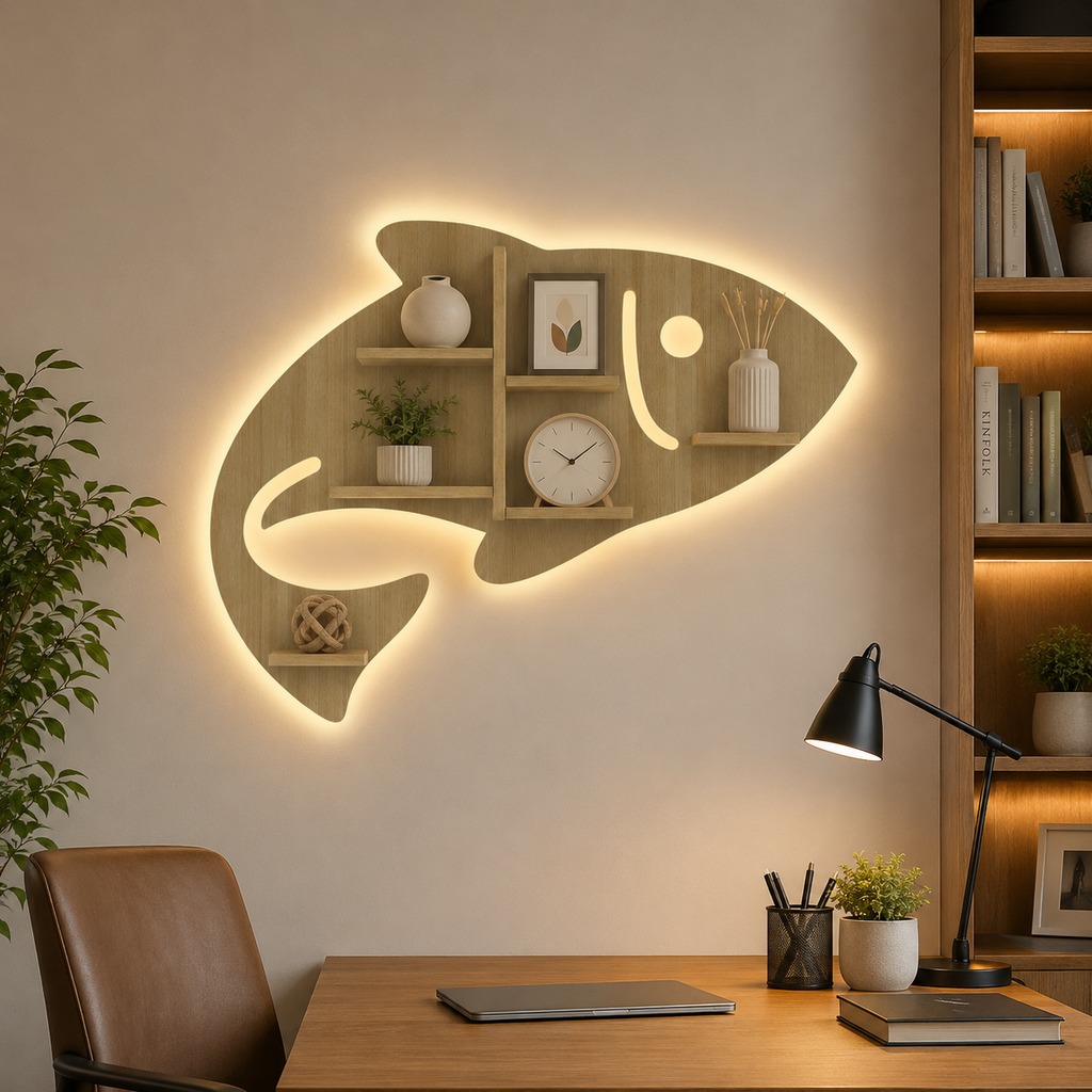 Fish Shape Wooden Wall Shelf LED Light Wall Shelf with Oak Finish