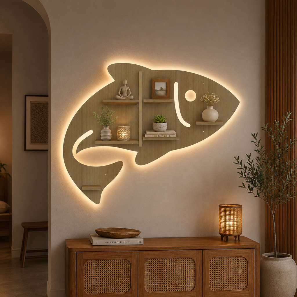 Fish Shape Wooden Wall Shelf LED Light Wall Shelf with Oak Finish