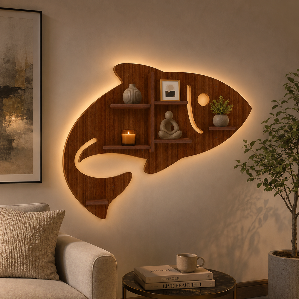Fish Shape Wooden Wall Shelf LED Light Wall Shelf with Walnut Finish