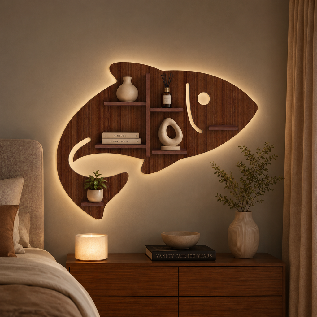 Fish Shape Wooden Wall Shelf LED Light Wall Shelf with Walnut Finish