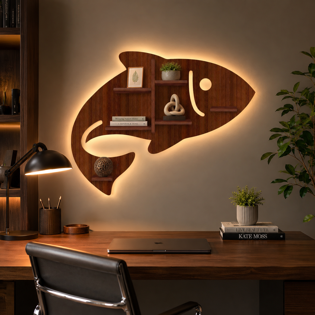 Fish Shape Wooden Wall Shelf LED Light Wall Shelf with Walnut Finish