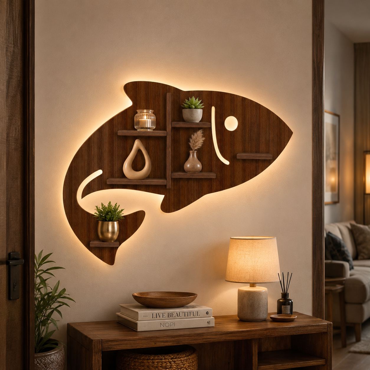 Fish Shape Wooden Wall Shelf LED Light Wall Shelf with Walnut Finish