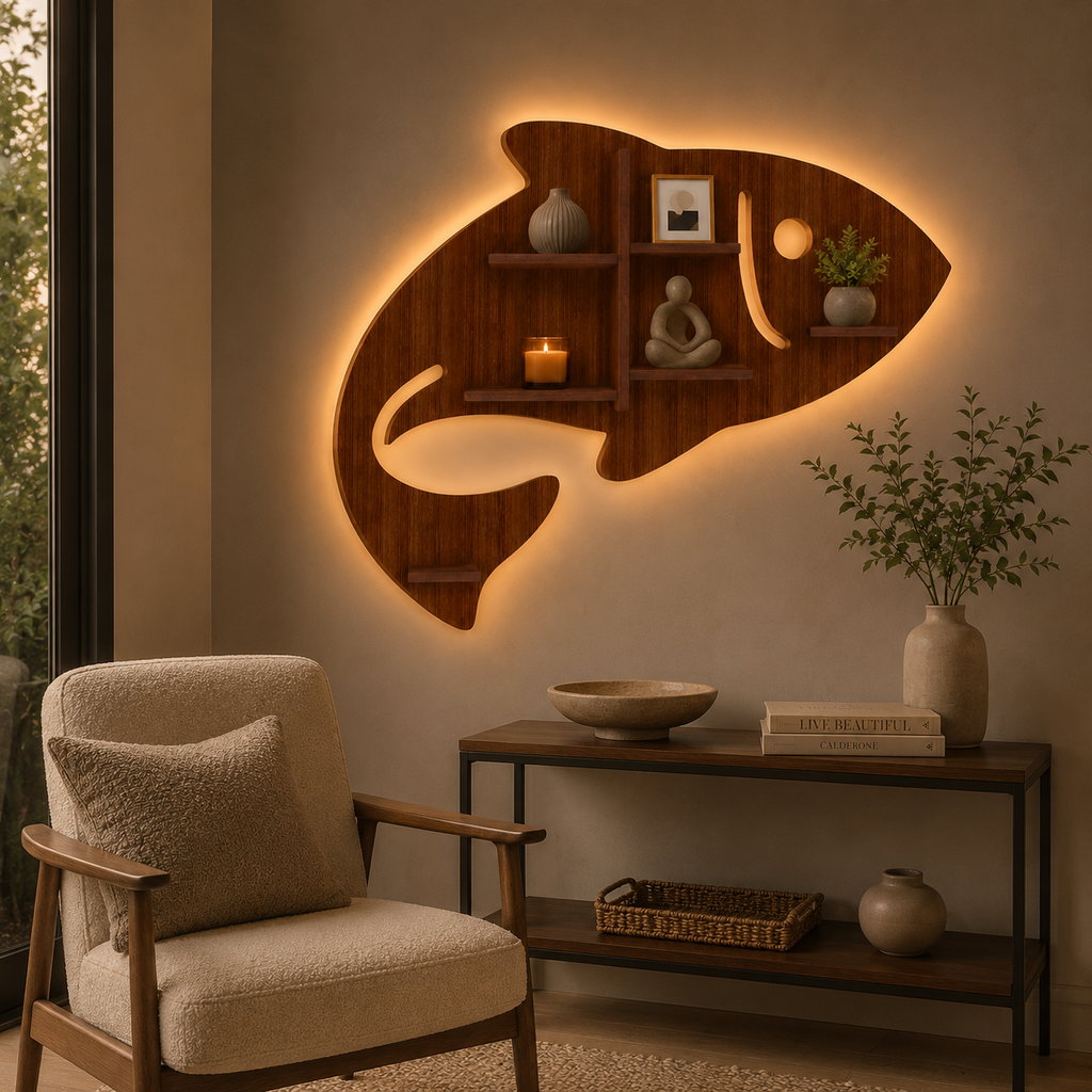 Fish Shape Wooden Wall Shelf LED Light Wall Shelf with Walnut Finish