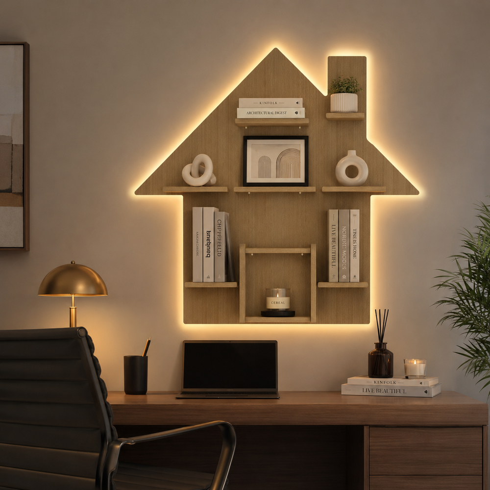 Hut Shape Wooden Wall Storage Shelves with LED Light Oak Finish