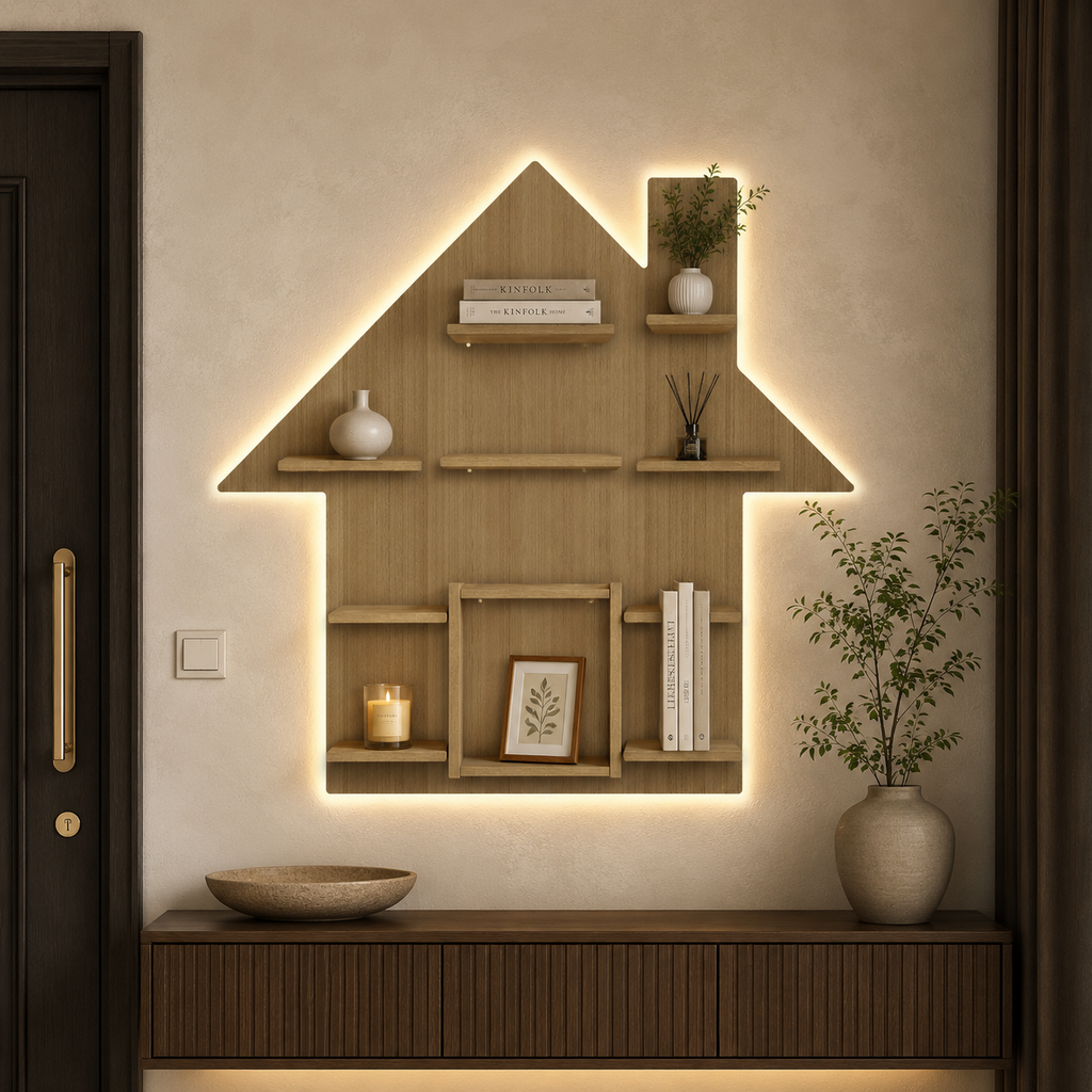 Hut Shape Wooden Wall Storage Shelves with LED Light Oak Finish