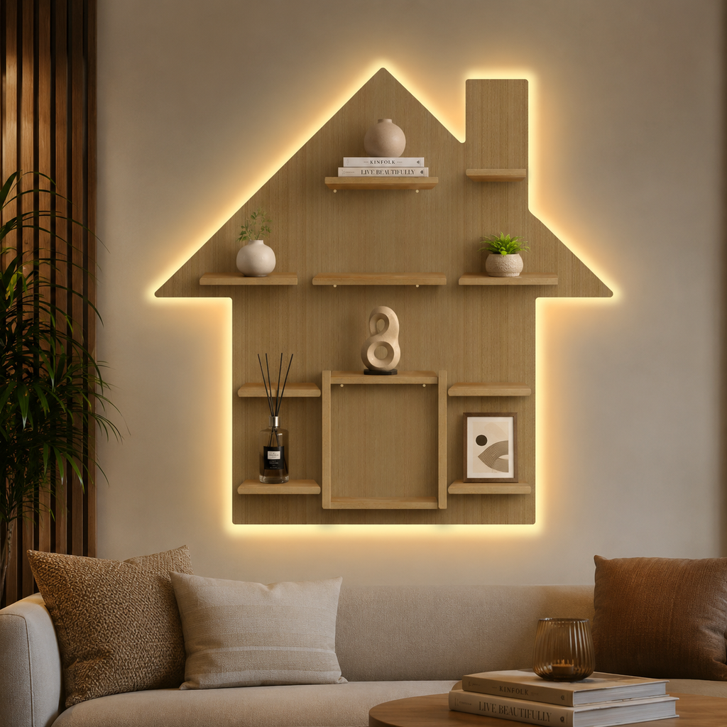 Hut Shape Wooden Wall Storage Shelves with LED Light Oak Finish