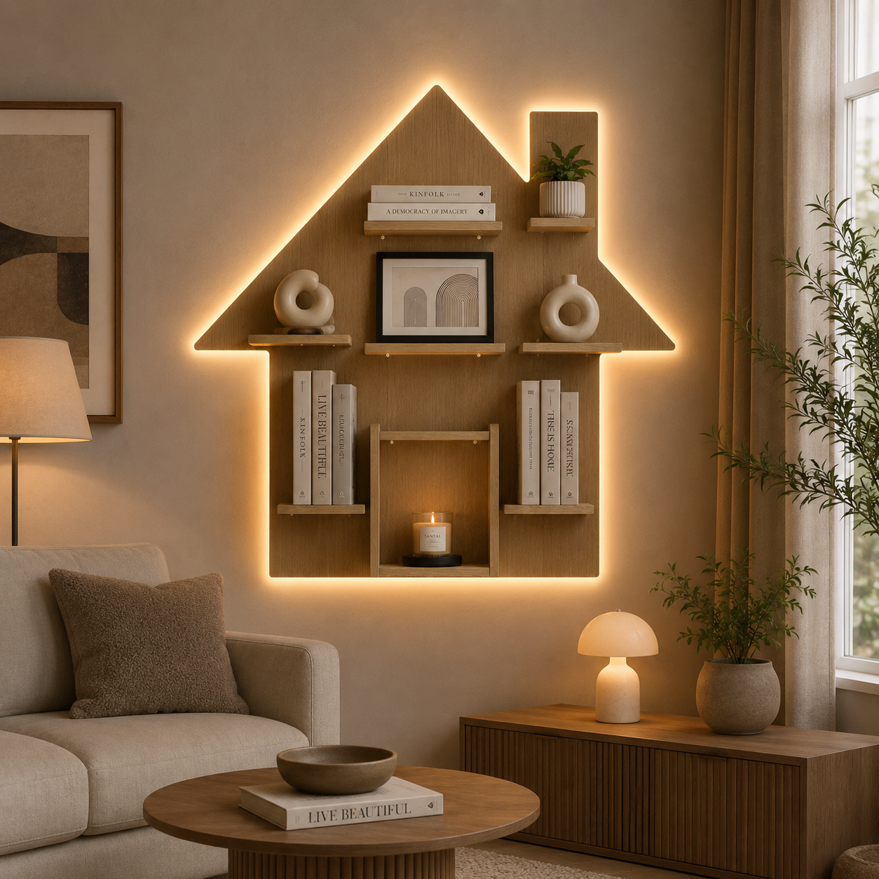Hut Shape Wooden Wall Storage Shelves with LED Light Oak Finish