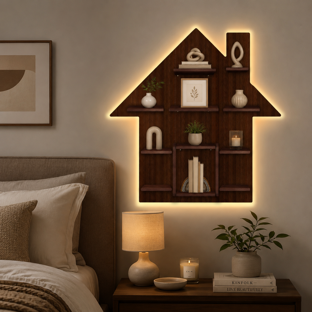 Hut Shape Wooden Wall Storage Shelves with LED Light Walnut Finish