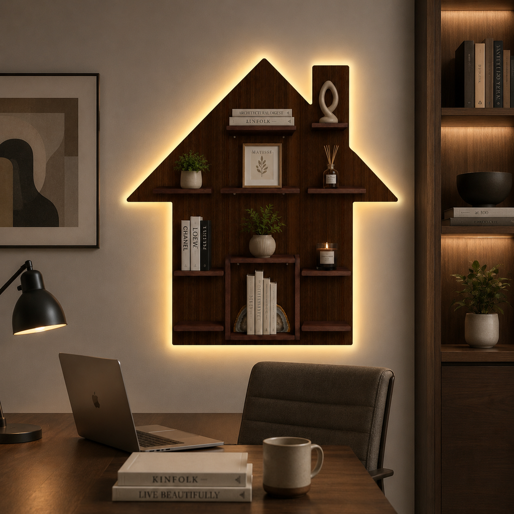 Hut Shape Wooden Wall Storage Shelves with LED Light Walnut Finish