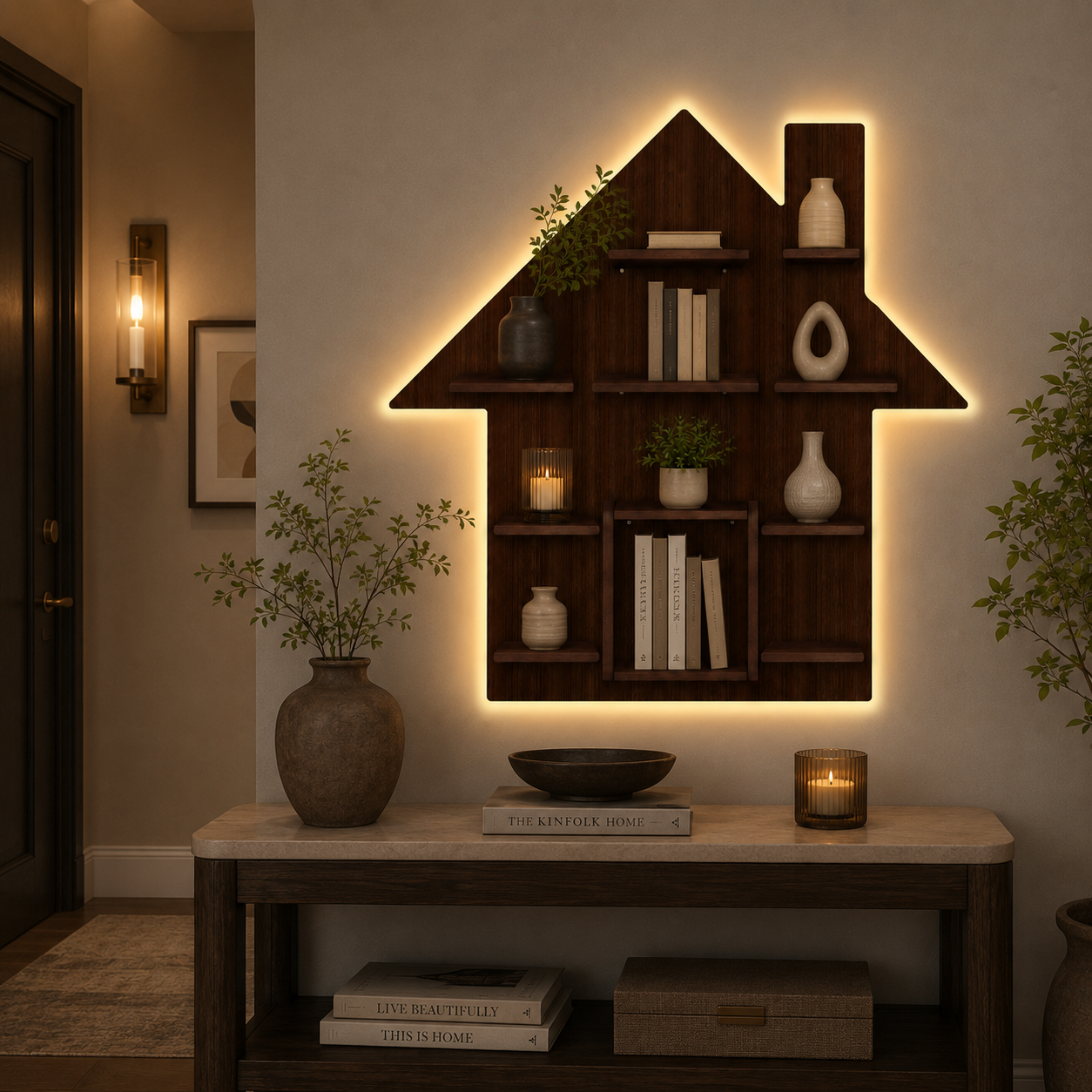 Hut Shape Wooden Wall Storage Shelves with LED Light Walnut Finish