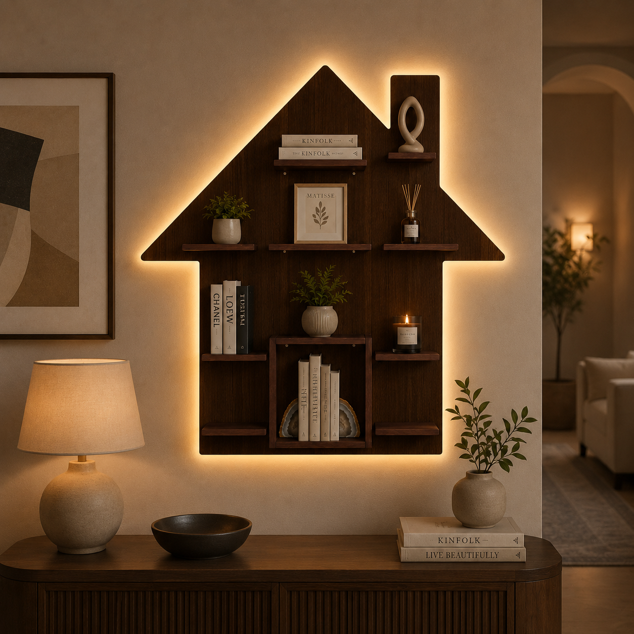 Hut Shape Wooden Wall Storage Shelves with LED Light Walnut Finish