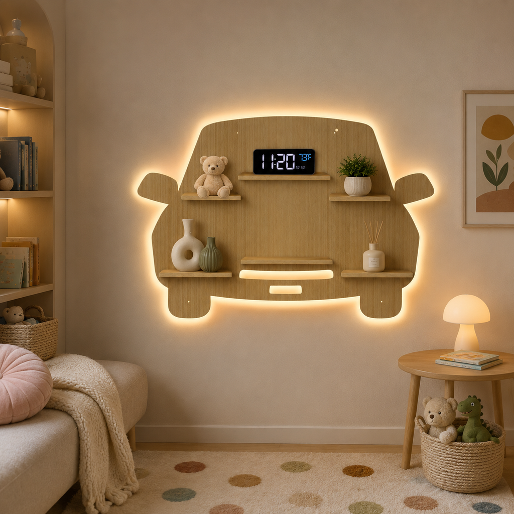 Designer Car Wooden LED Light Wall Shelf with Oak Finish