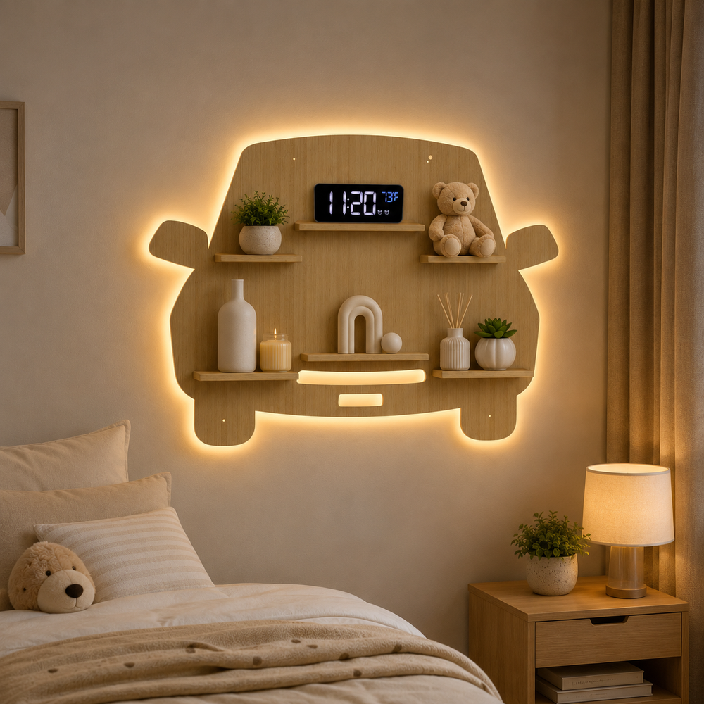 Designer Car Wooden LED Light Wall Shelf with Oak Finish