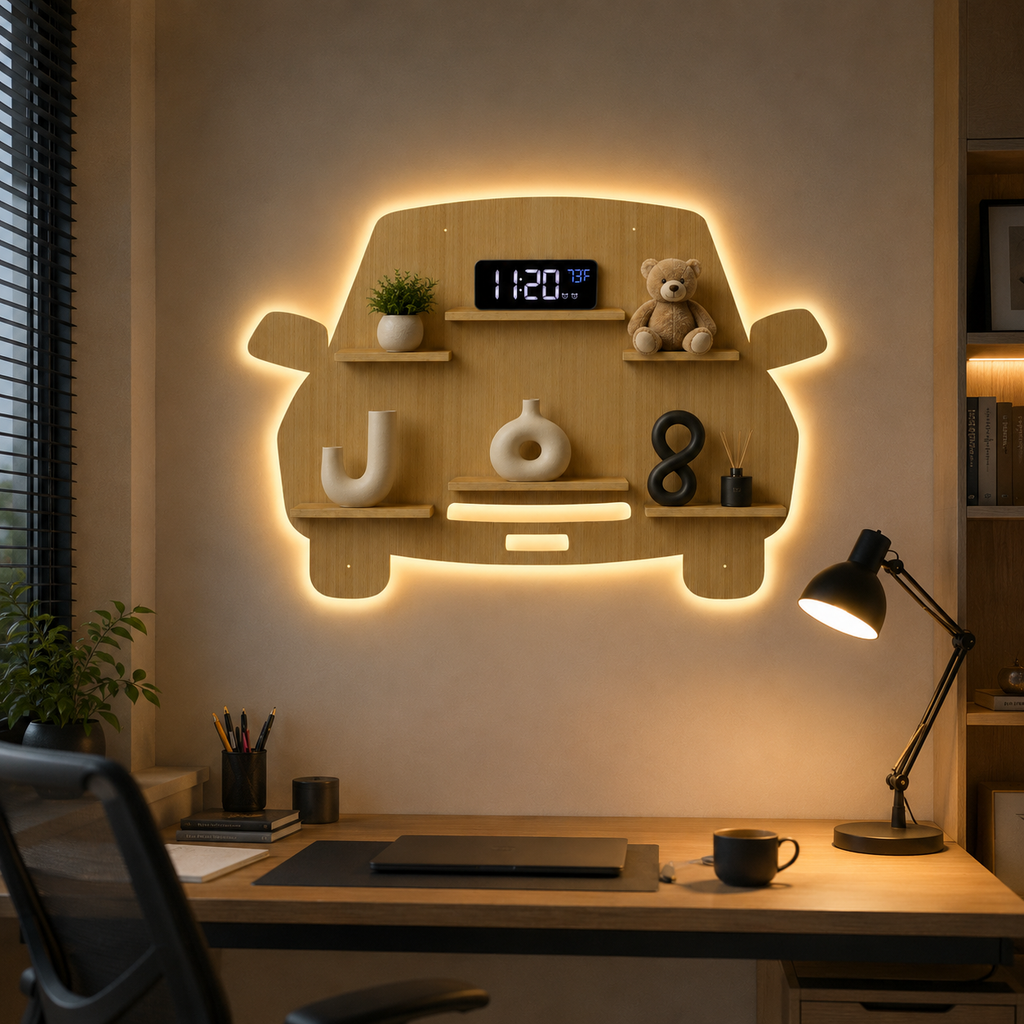 Designer Car Wooden LED Light Wall Shelf with Oak Finish