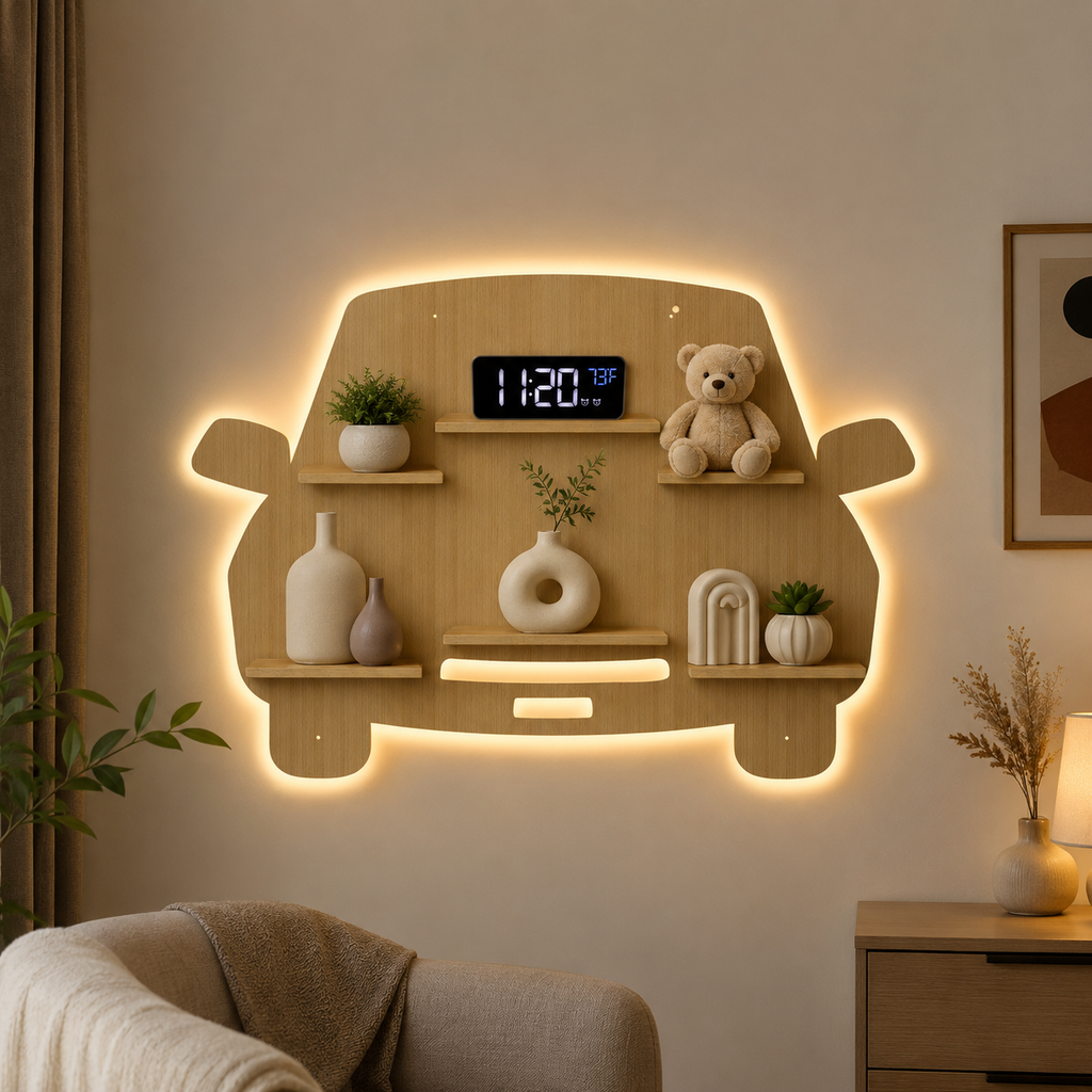Designer Car Wooden LED Light Wall Shelf with Oak Finish