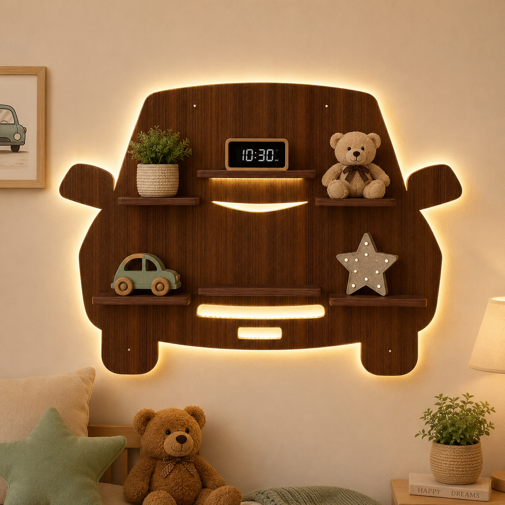 Designer Car Wooden LED Light Wall Shelf with Walnut Finish