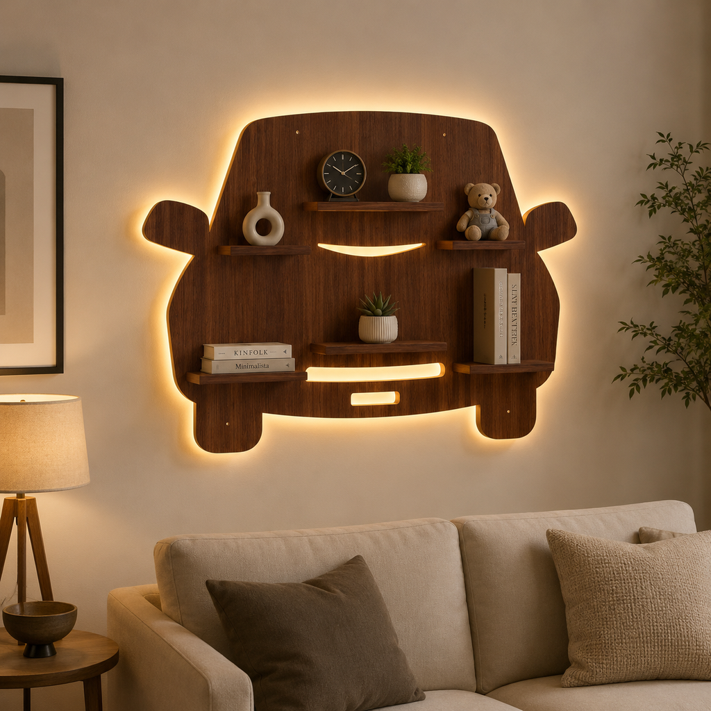 Designer Car Wooden LED Light Wall Shelf with Walnut Finish