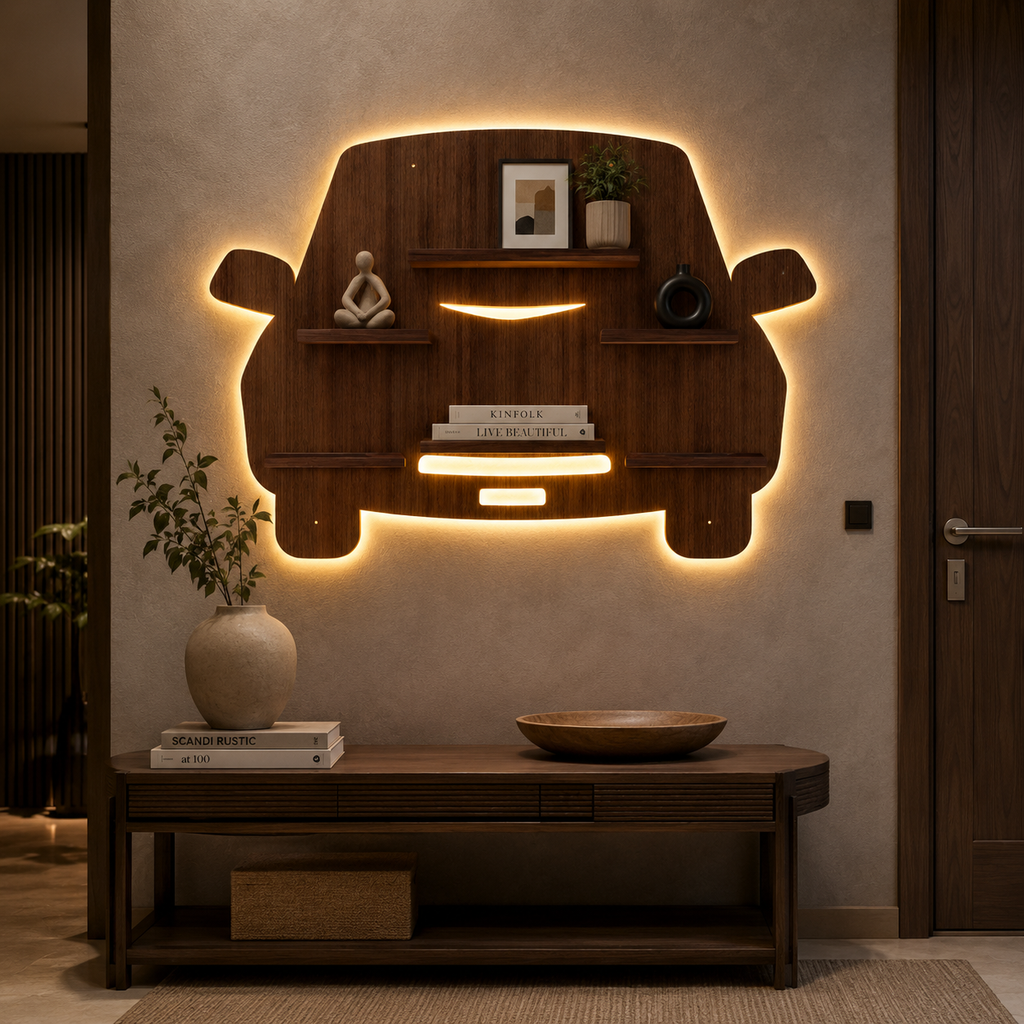 Designer Car Wooden LED Light Wall Shelf with Walnut Finish