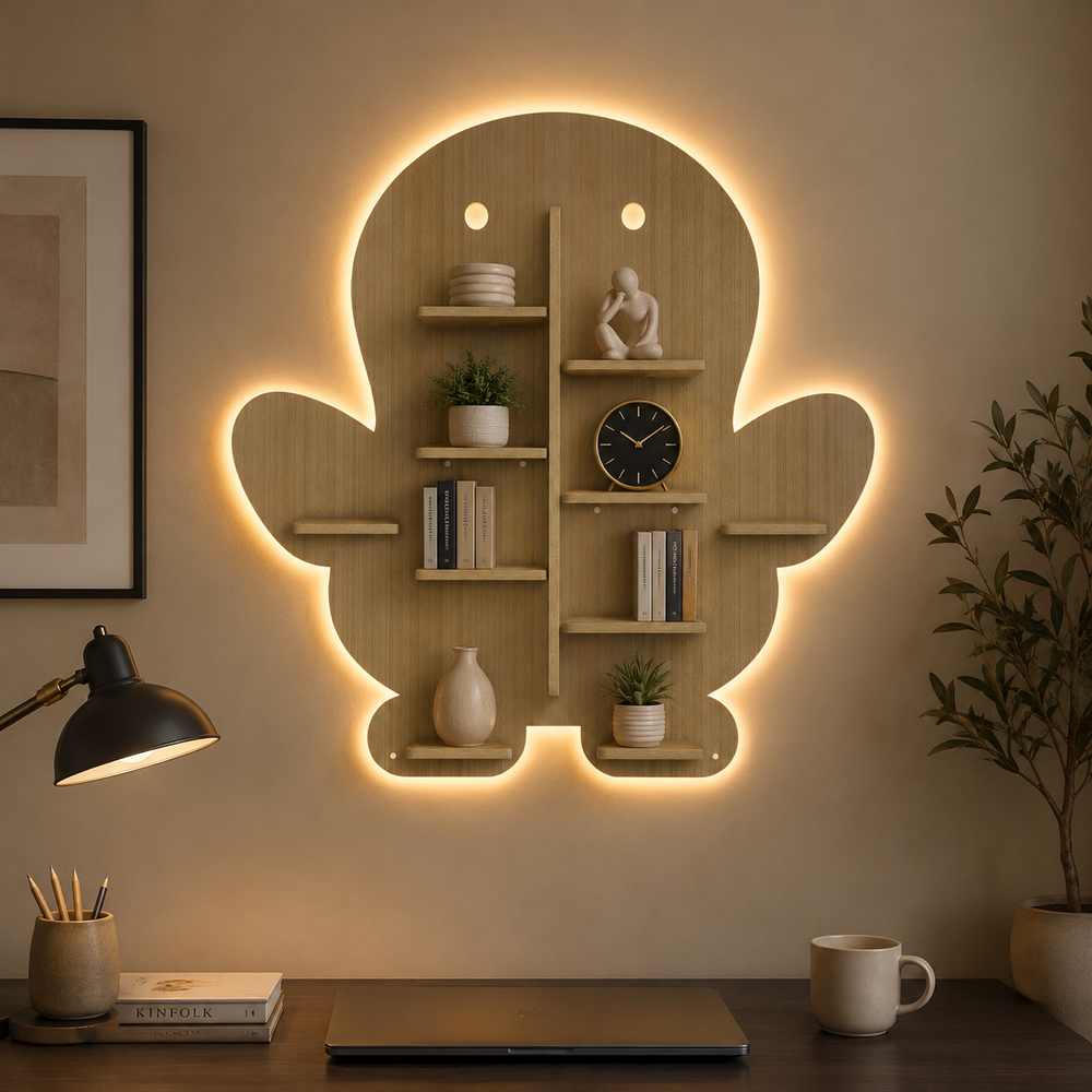 Baby Penguin Shape Wooden LED Light Wall Shelf with Oak Finish