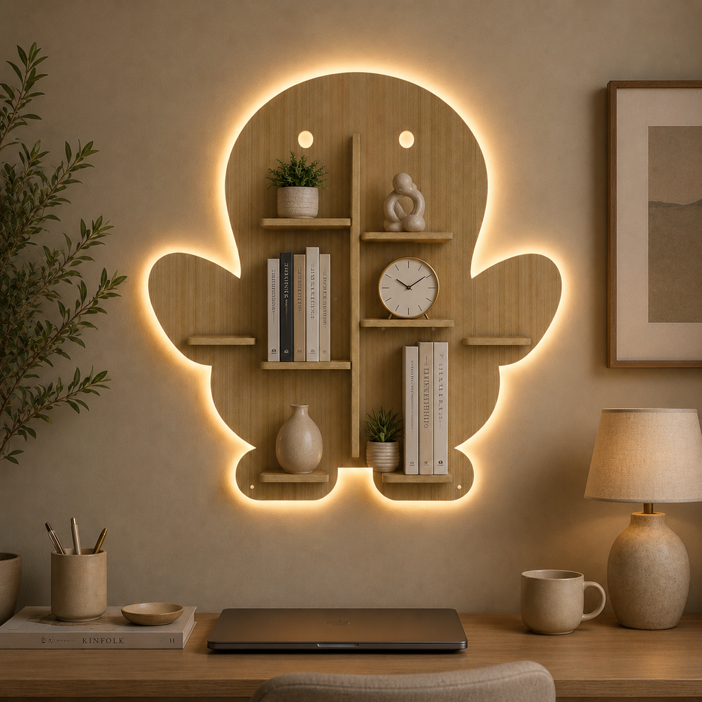 Baby Penguin Shape Wooden LED Light Wall Shelf with Oak Finish