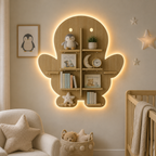 Baby Penguin Shape Wooden LED Light Wall Shelf with Oak Finish