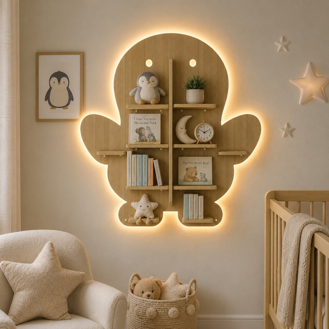 Baby Penguin Shape Wooden LED Light Wall Shelf with Oak Finish