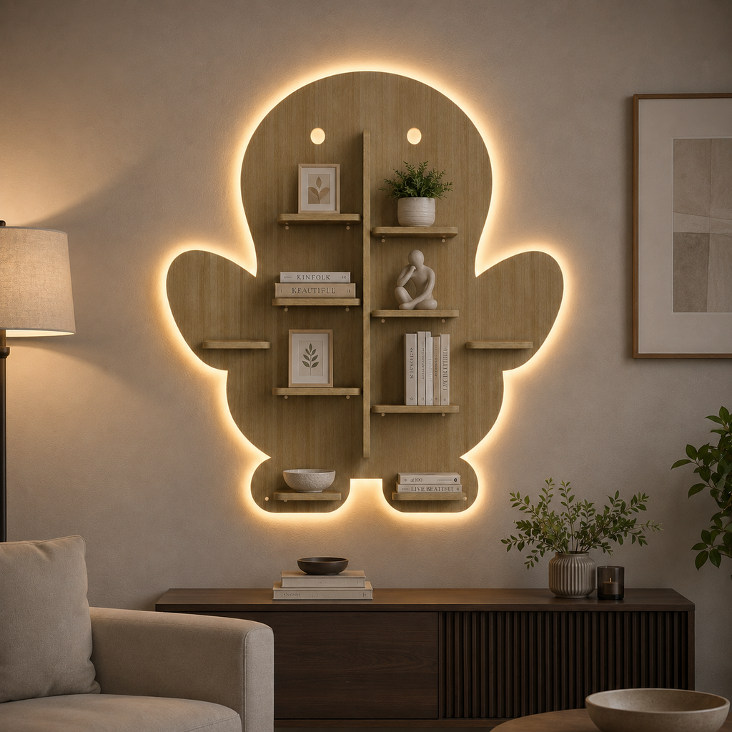 Baby Penguin Shape Wooden LED Light Wall Shelf with Oak Finish