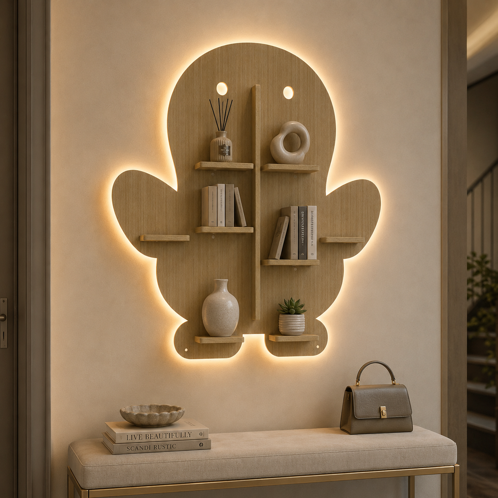 Baby Penguin Shape Wooden LED Light Wall Shelf with Oak Finish