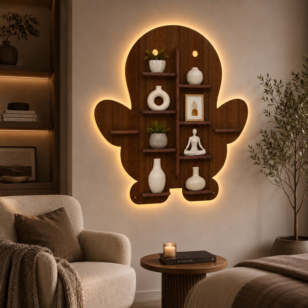 Baby Penguin Shape Wooden LED Light Wall Shelf with Walnut Finish