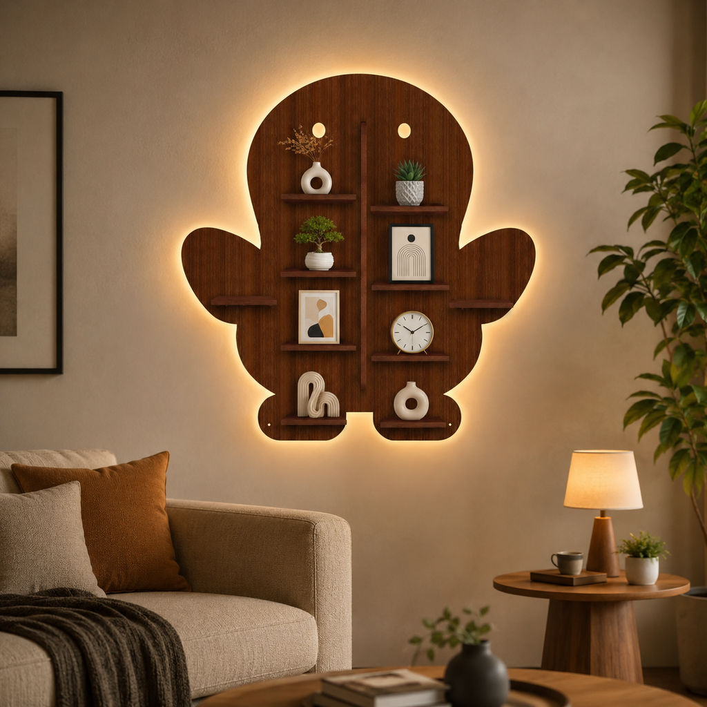 Baby Penguin Shape Wooden LED Light Wall Shelf with Walnut Finish