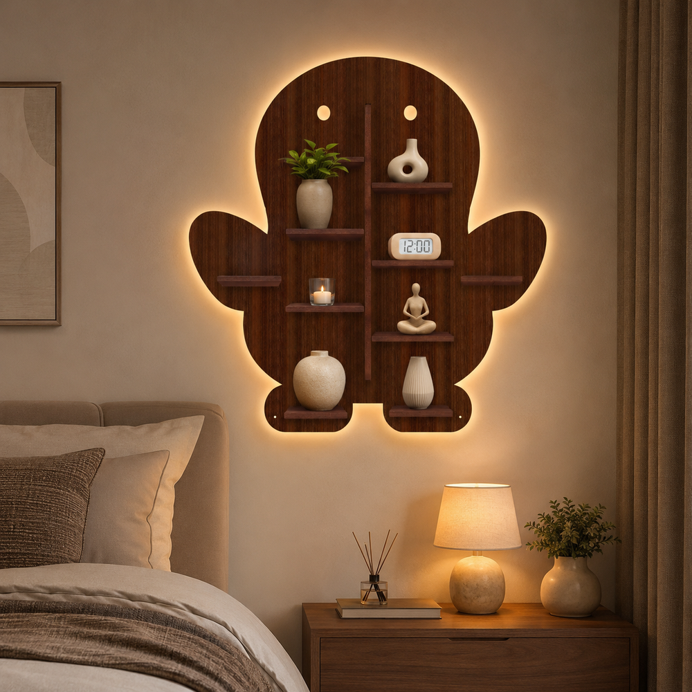 Baby Penguin Shape Wooden LED Light Wall Shelf with Walnut Finish