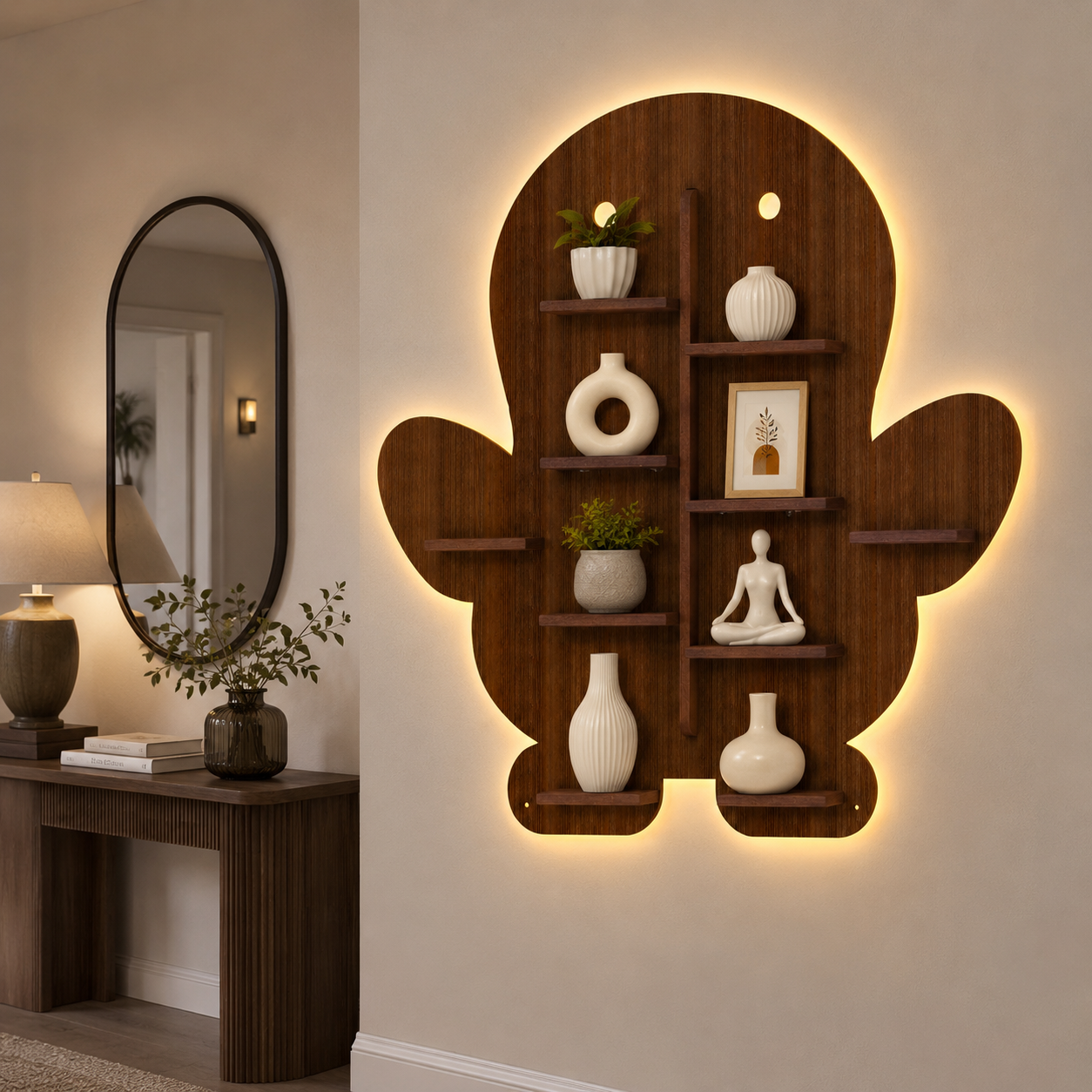 Baby Penguin Shape Wooden LED Light Wall Shelf with Walnut Finish