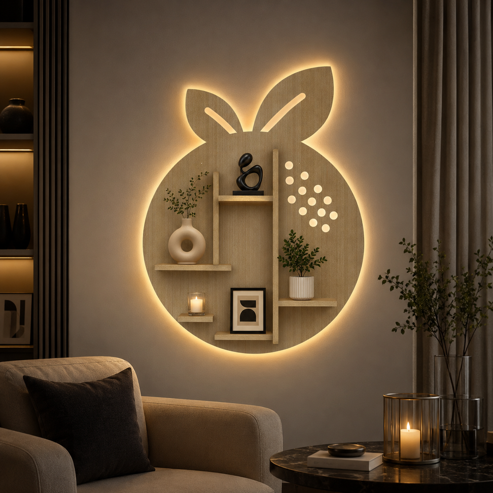 Orange Fruit Shape Wooden LED Light Wall Shelf with Oak Finish