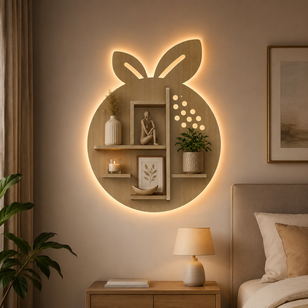 Orange Fruit Shape Wooden LED Light Wall Shelf with Oak Finish