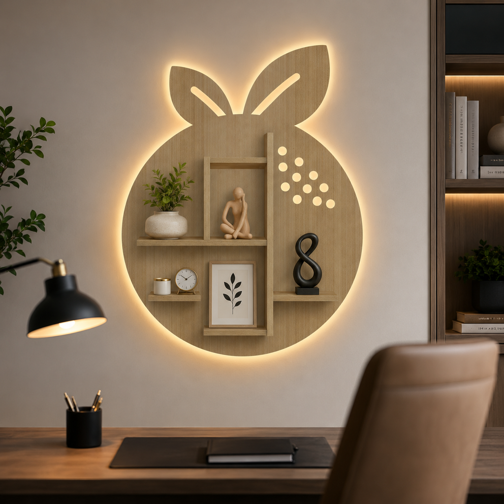 Orange Fruit Shape Wooden LED Light Wall Shelf with Oak Finish
