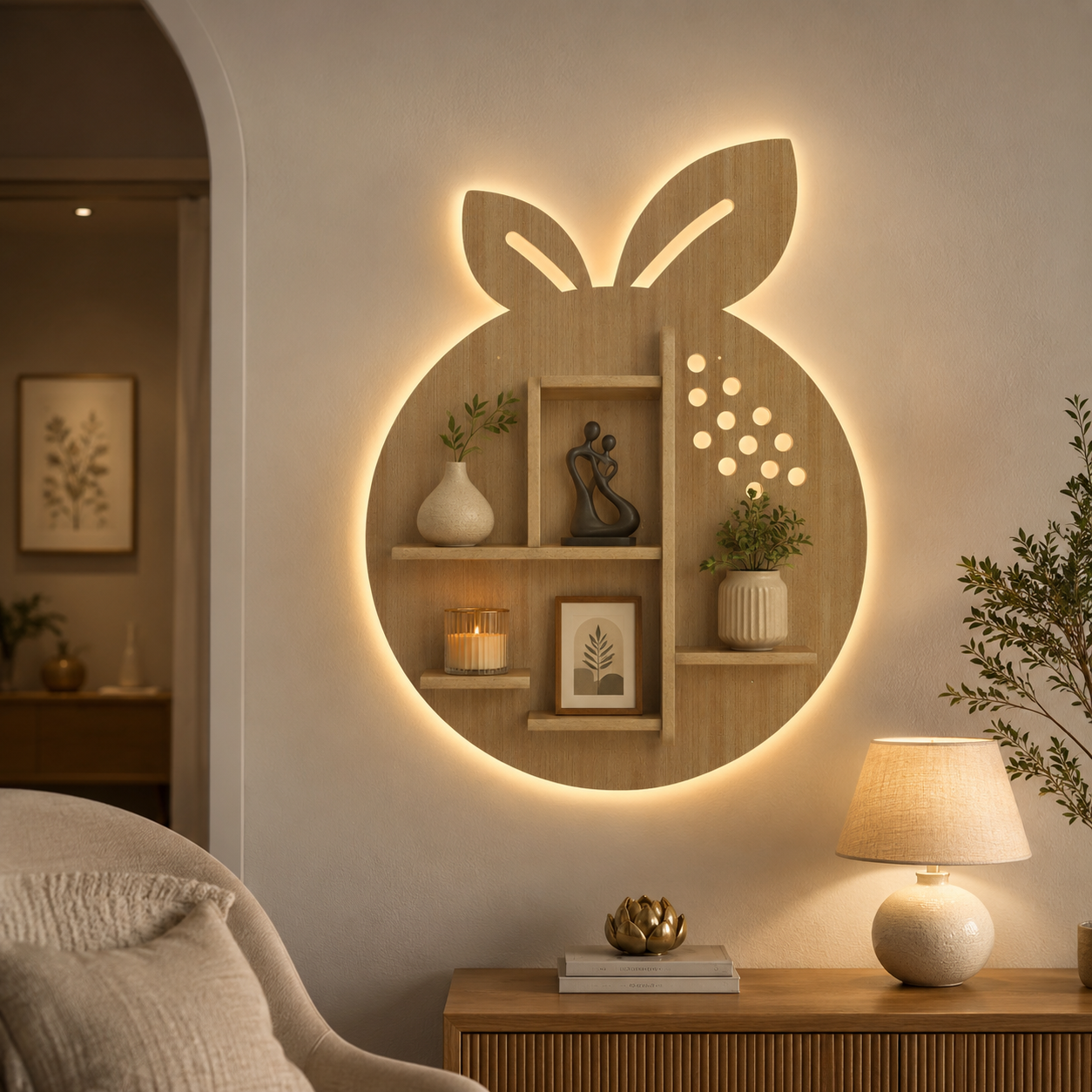 Orange Fruit Shape Wooden LED Light Wall Shelf with Oak Finish