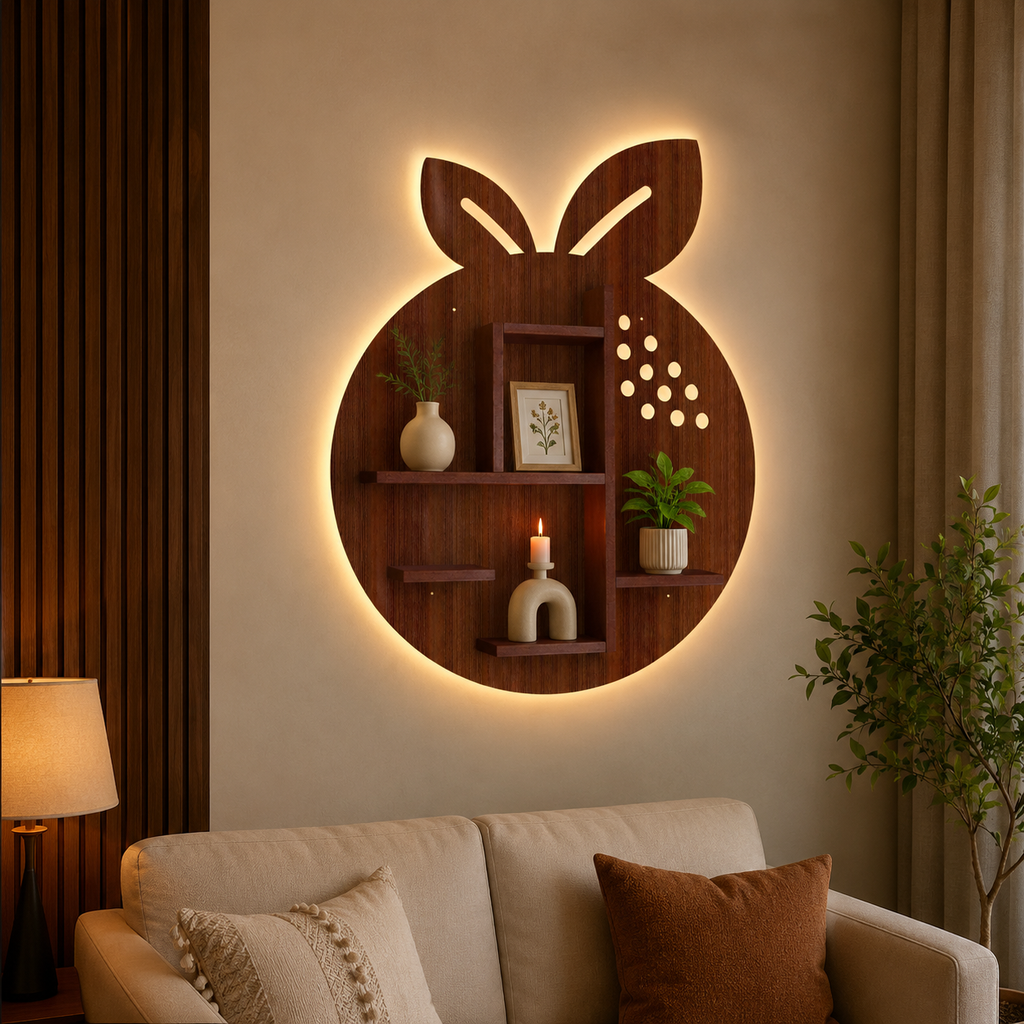 Orange Fruit Shape Wooden LED Light Wall Shelf with Walnut Finish