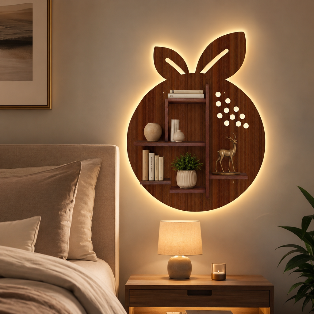 Orange Fruit Shape Wooden LED Light Wall Shelf with Walnut Finish