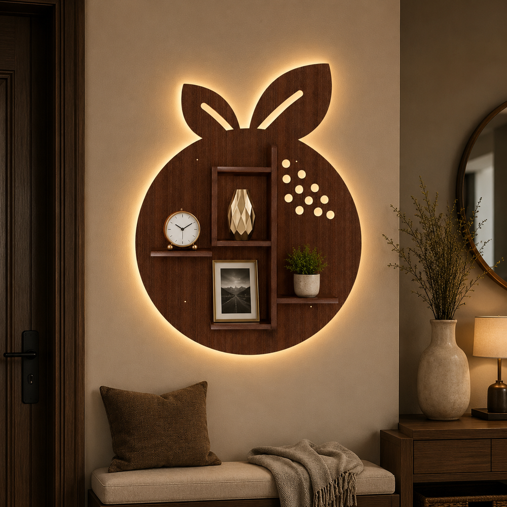 Orange Fruit Shape Wooden LED Light Wall Shelf with Walnut Finish