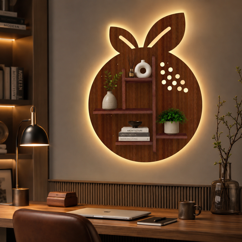 Orange Fruit Shape Wooden LED Light Wall Shelf with Walnut Finish