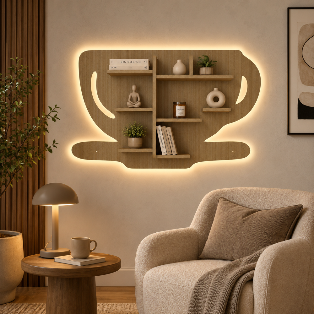 Coffee Cup Shape Wooden LED Light Wall Shelf with Oak Finish