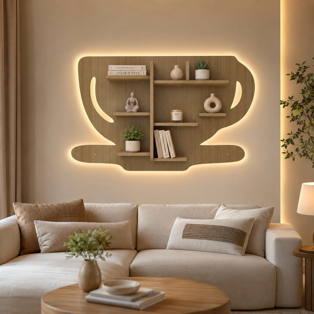 Coffee Cup Shape Wooden LED Light Wall Shelf with Oak Finish