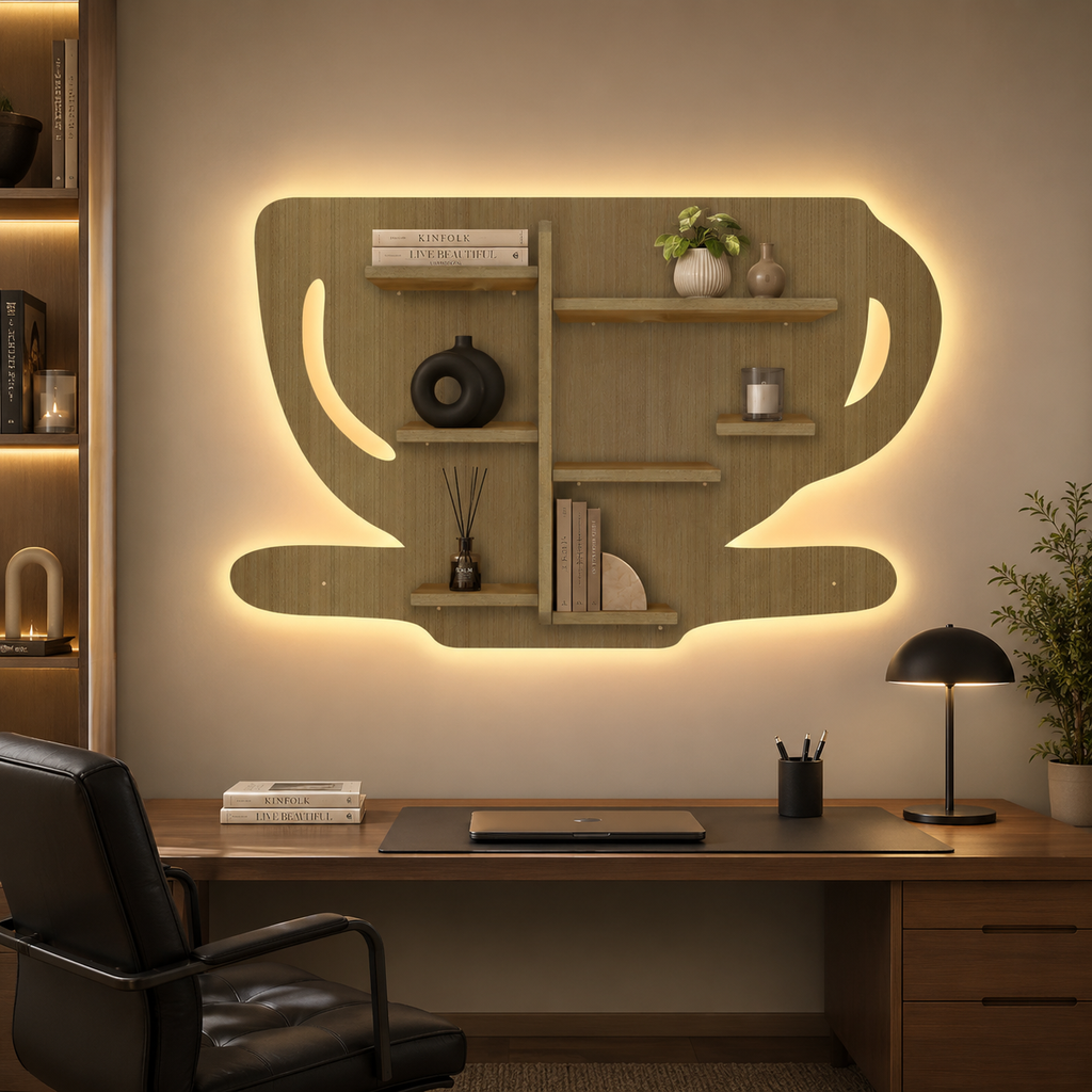 Coffee Cup Shape Wooden LED Light Wall Shelf with Oak Finish